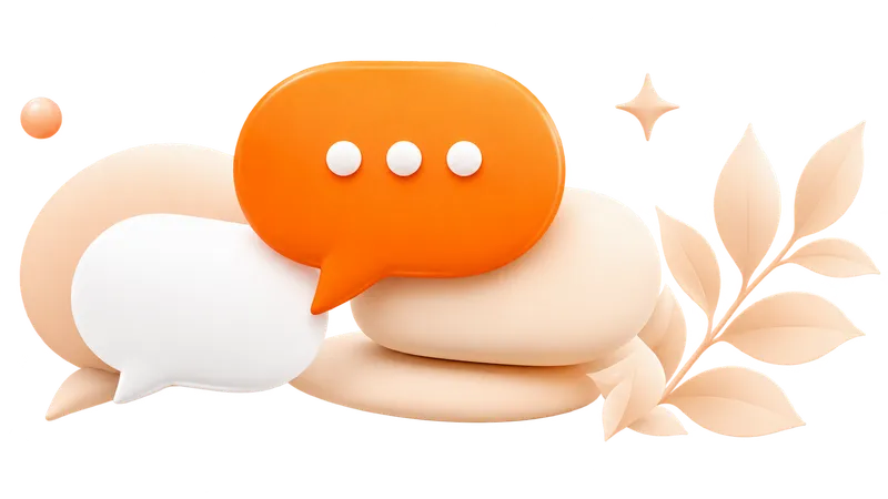 Bulle de discussion orange posée sur des galets beiges à côté d'une bulle blanche, avec un feuillage et une étincelle